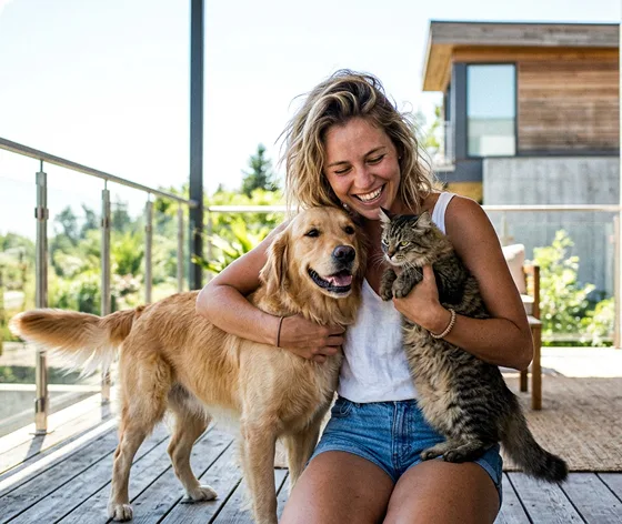 Femme souriante avec son chien et son chat