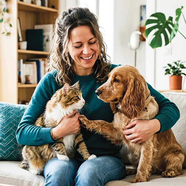 Une femme souriante avec son chien et son chat