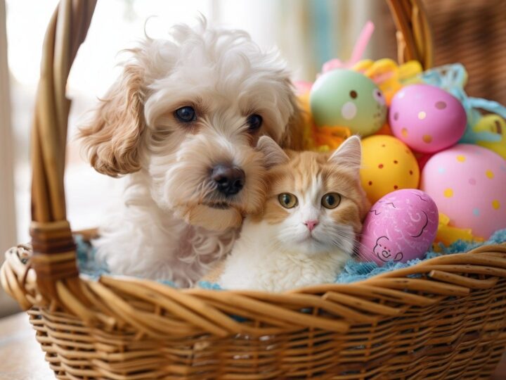 Un adorable chien et un chaton blottis à côté d'un joli panier de Pâques en paille rempli d'œufs colorés