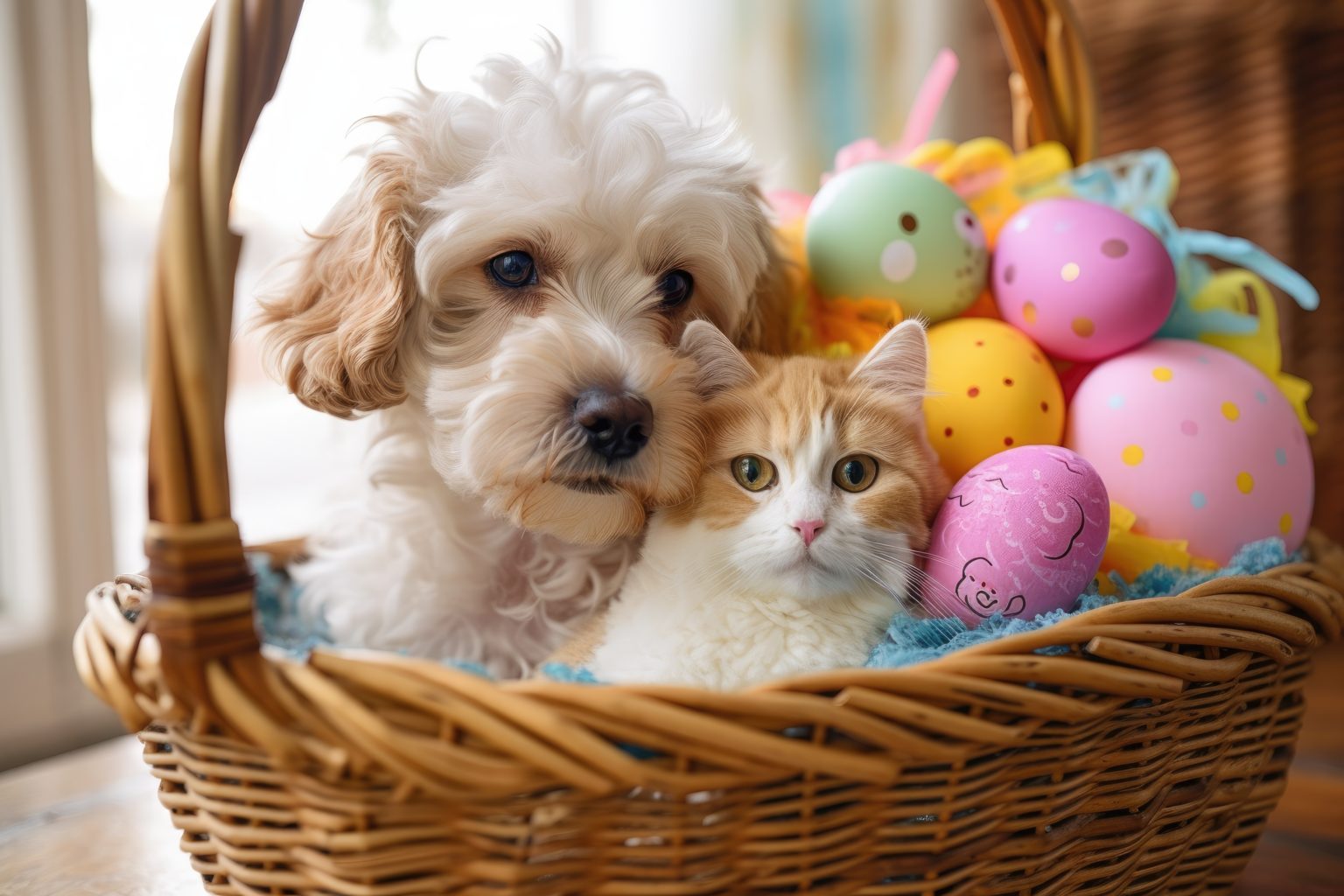 Un adorable chien et un chaton blottis à côté d'un joli panier de Pâques en paille rempli d'œufs colorés